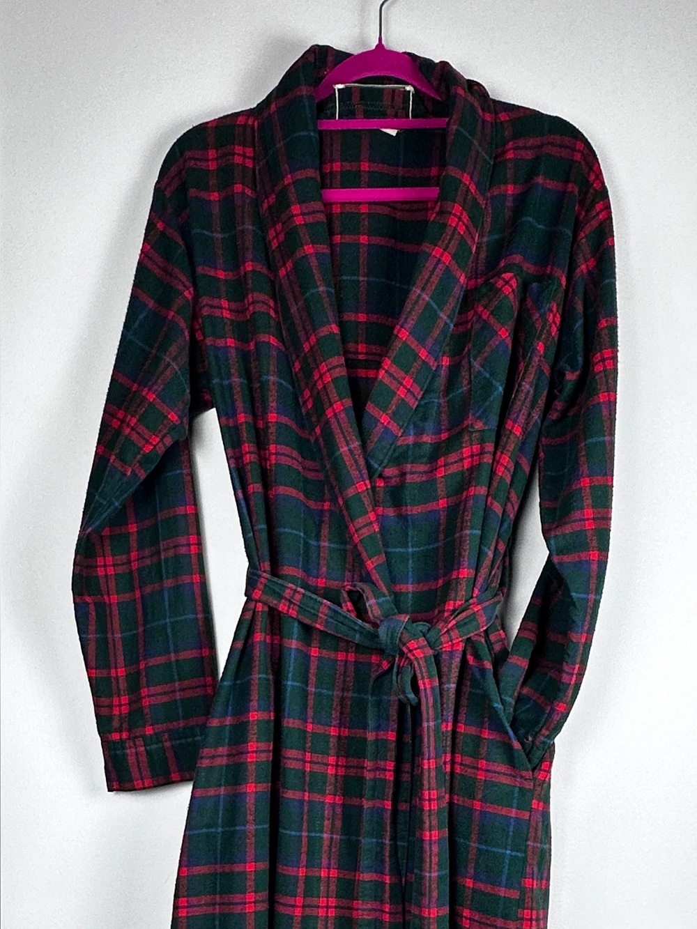 L.L.Bean Women’s Plaid Flannel Robe Long Tartan Belted Green Red Vintage